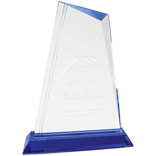 9 3/4" Crystal Peak with Blue Base crystal award laser engravable