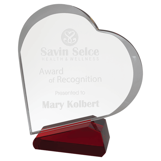 Clear/Red Crystal Slant Heart crystal award laser engravable
