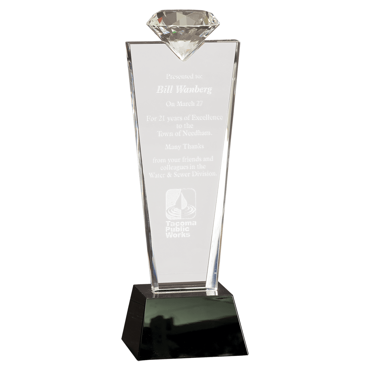 11" Crystal Diamond Top Award on Black Pedestal Base laser engravable