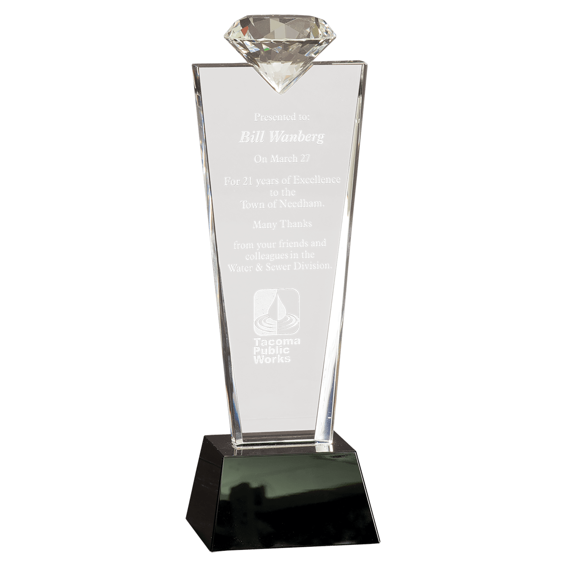 11" Crystal Diamond Top Award on Black Pedestal Base laser engravable