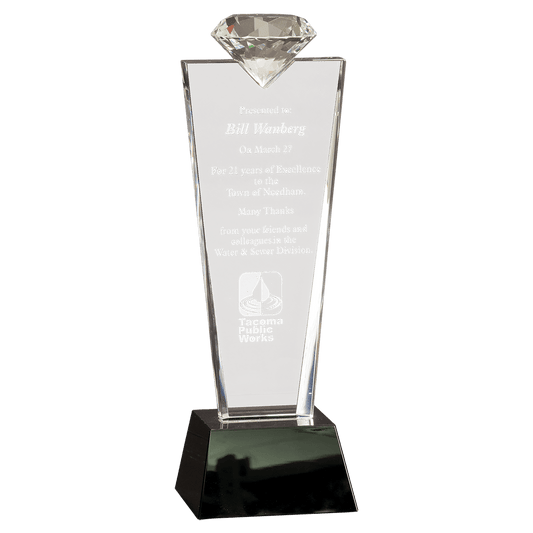 11" Crystal Diamond Top Award on Black Pedestal Base laser engravable