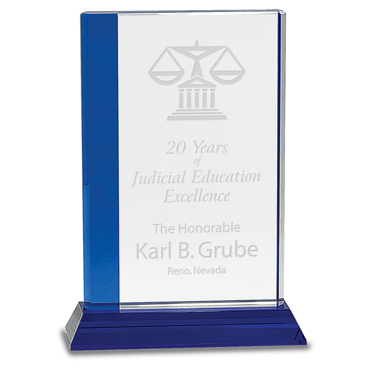 6 1/2" x 9" Blue Edge Crystal on Blue Base crystal award laser engravable