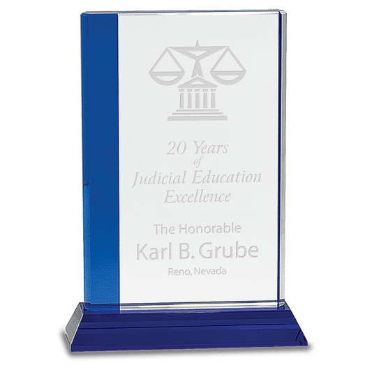 6 1/2" x 9" Blue Edge Crystal on Blue Base crystal award laser engravable