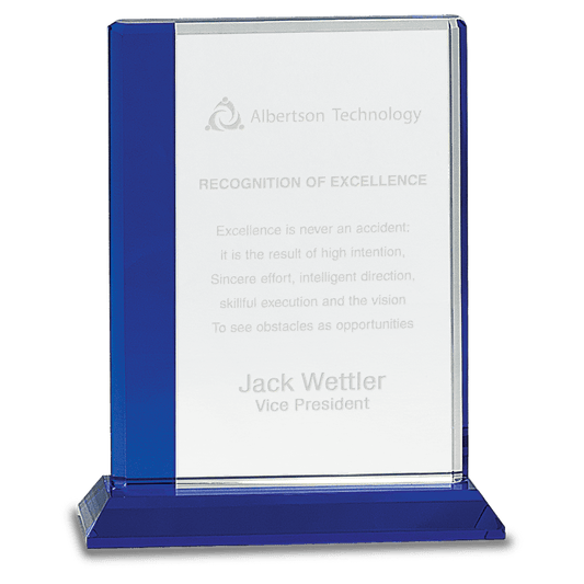 6 1/2" x 8" Blue Edge Crystal on Blue Base crystal award laser engravable