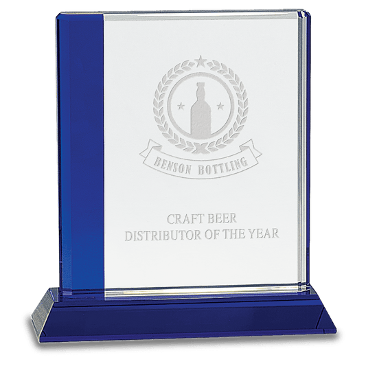 6 1/2" x 7" Blue Edge Crystal on Blue Base crystal award laser engravable