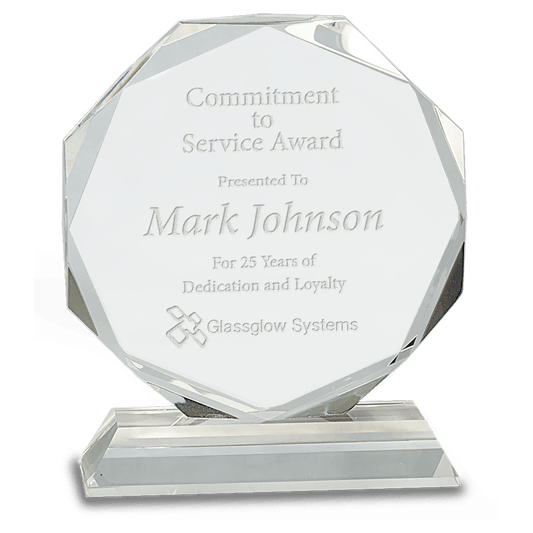 6" Clear Crystal Octagon on Clear Pedestal Base crystal award laser engravable