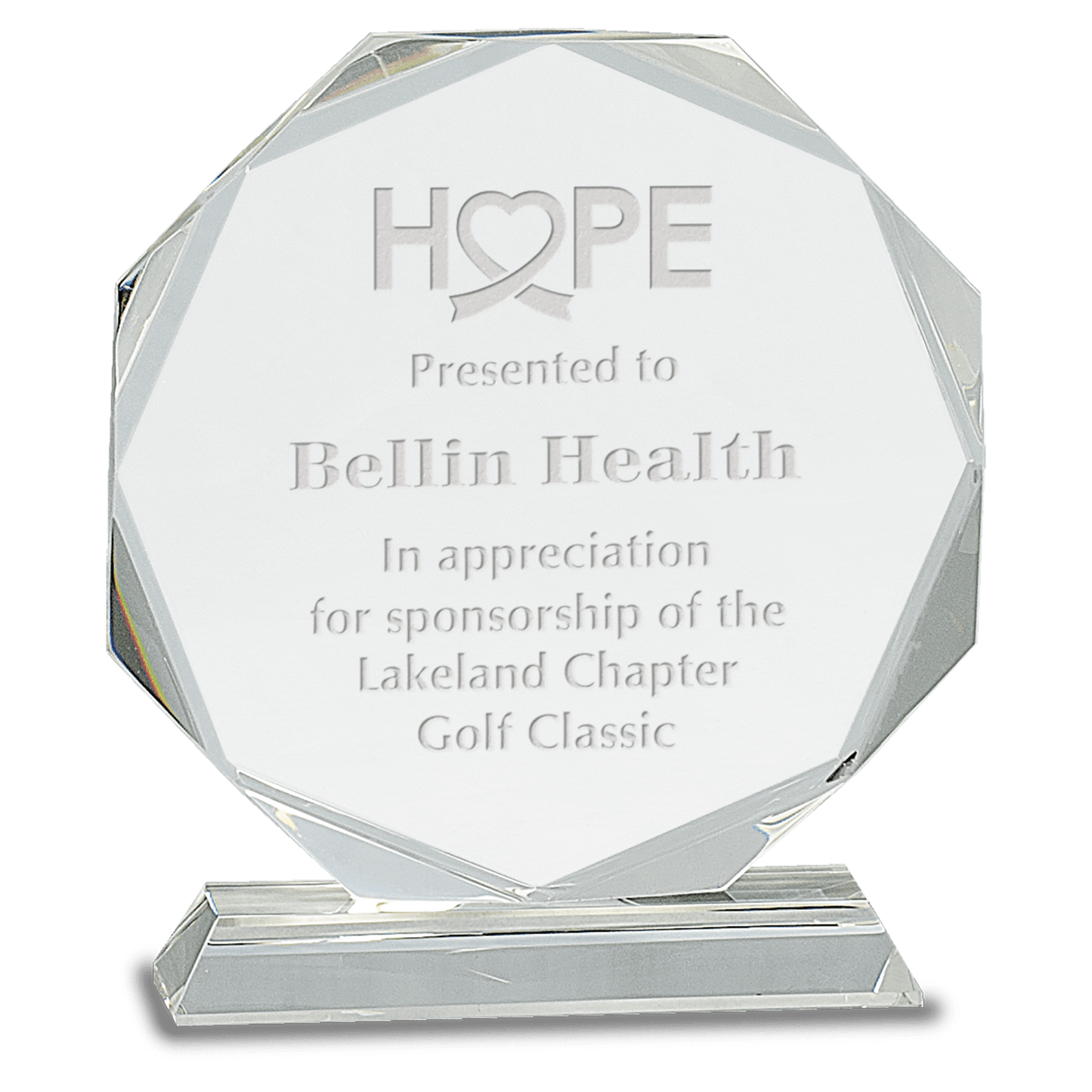 7 1/4" Clear Crystal Octagon on Clear Pedestal Base crystal award laser engravable