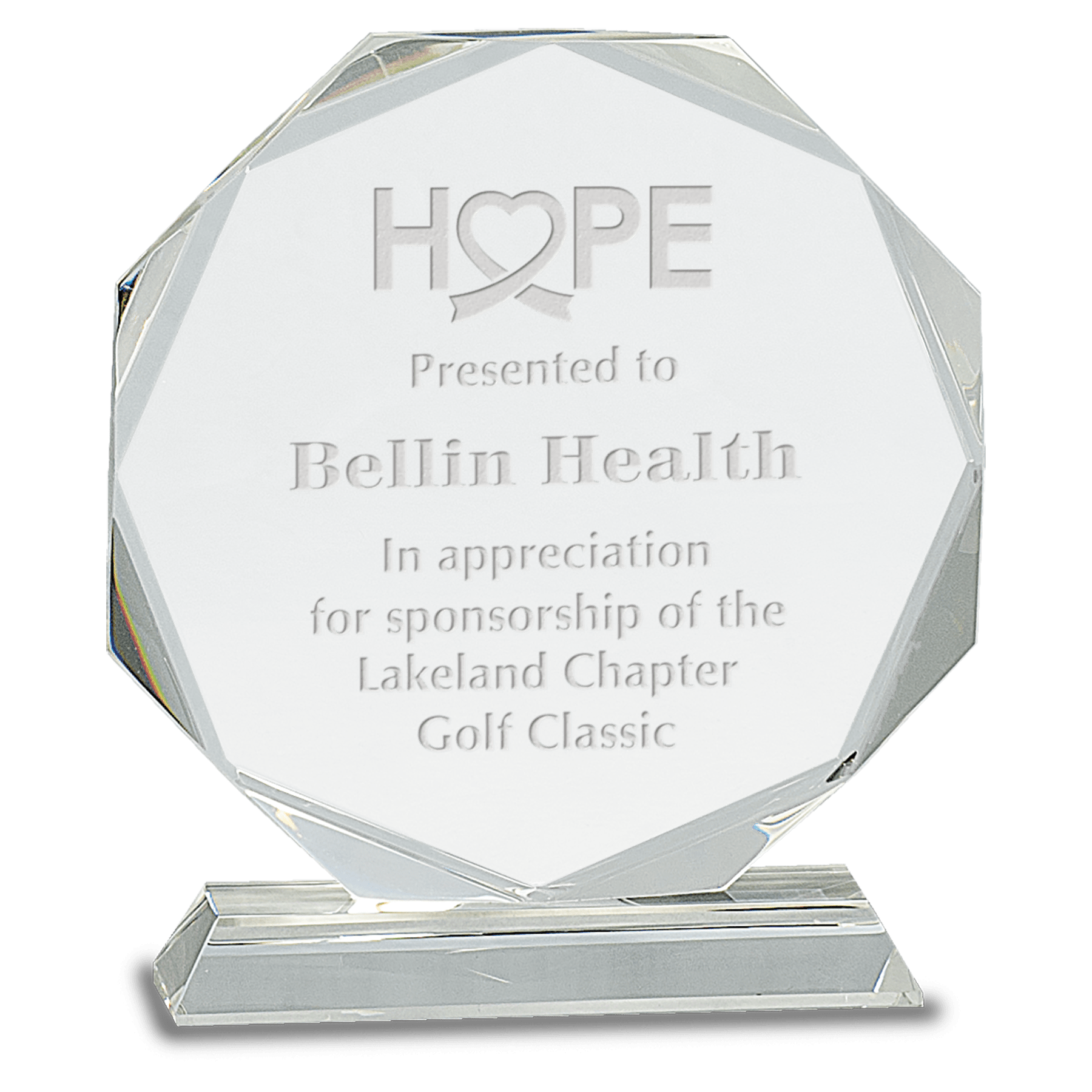 7 1/4" Clear Crystal Octagon on Clear Pedestal Base crystal award laser engravable