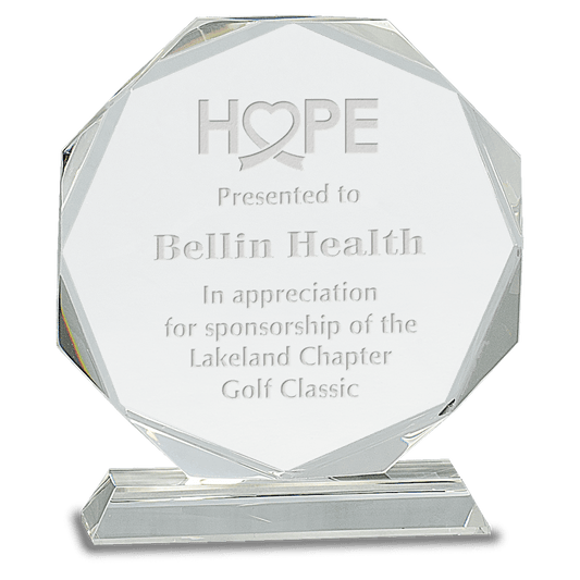 7 1/4" Clear Crystal Octagon on Clear Pedestal Base crystal award laser engravable