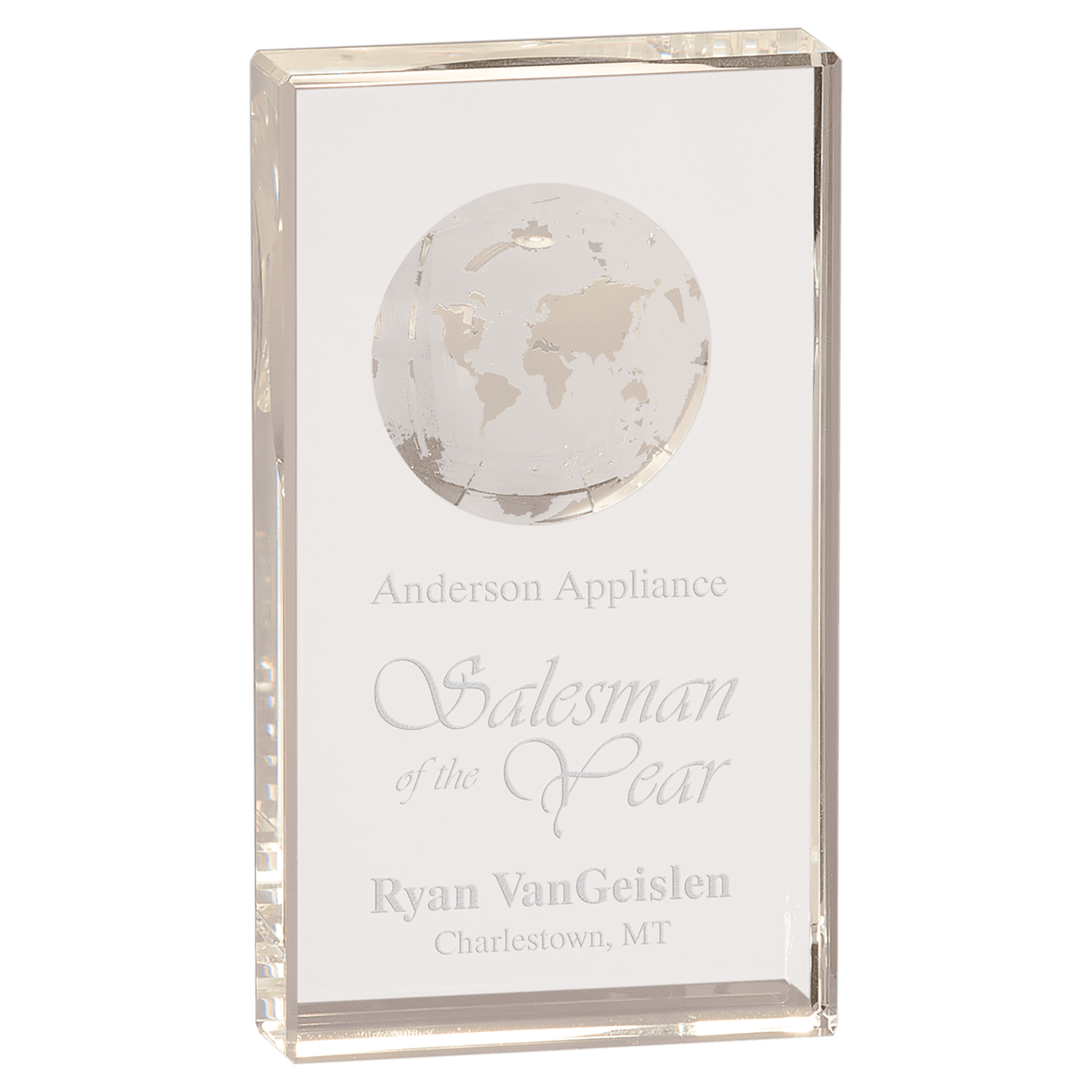 7" Clear Crystal Rectangle with Globe Etching crystal award laser engravable