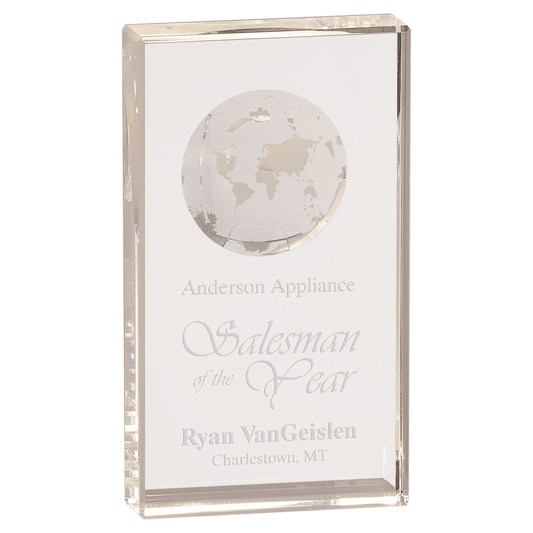 7" Clear Crystal Rectangle with Globe Etching crystal award laser engravable