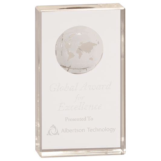 6" Clear Crystal Rectangle with Globe Etching crystal award laser engravable