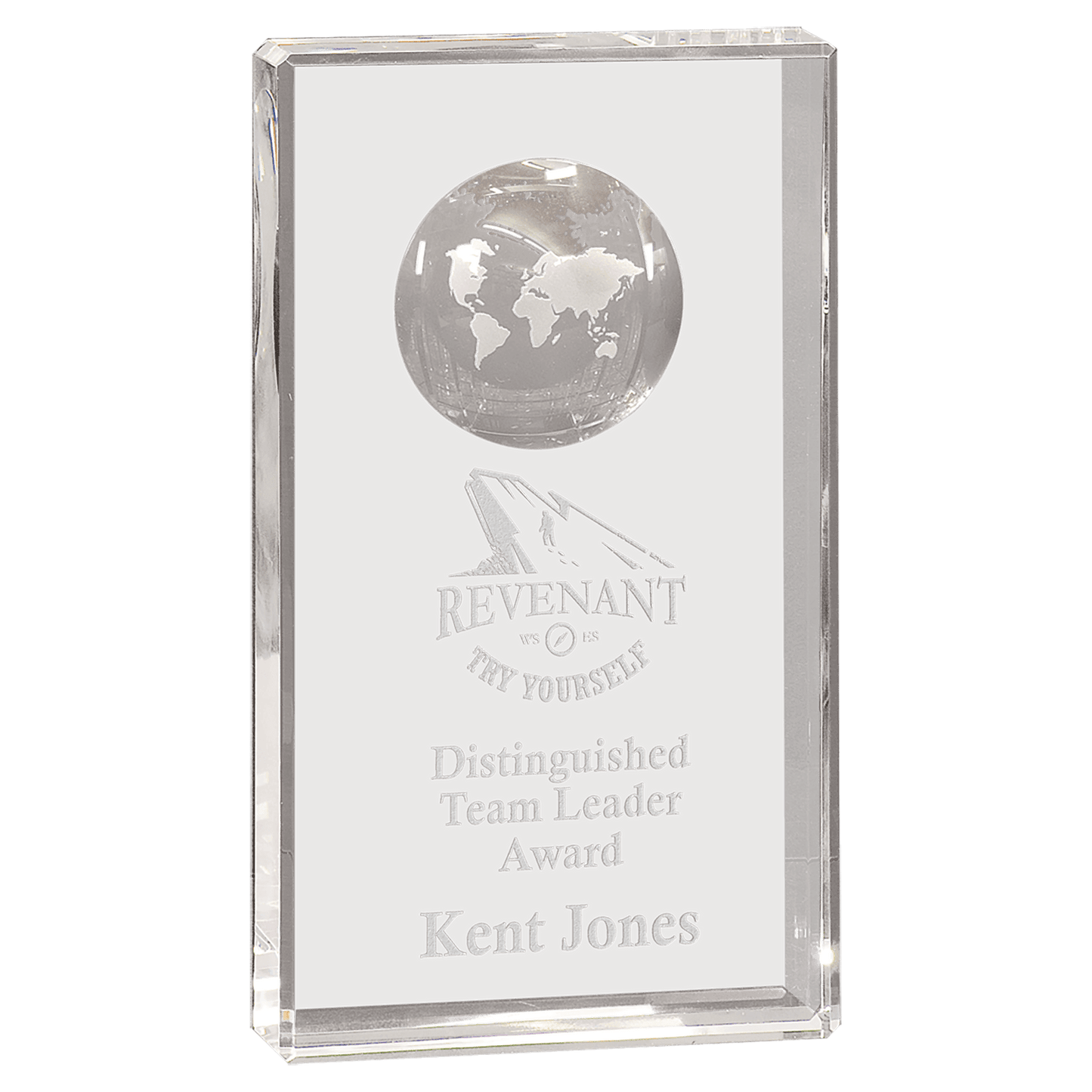 8" Clear Crystal Rectangle with Globe Etching crystal award laser engravable