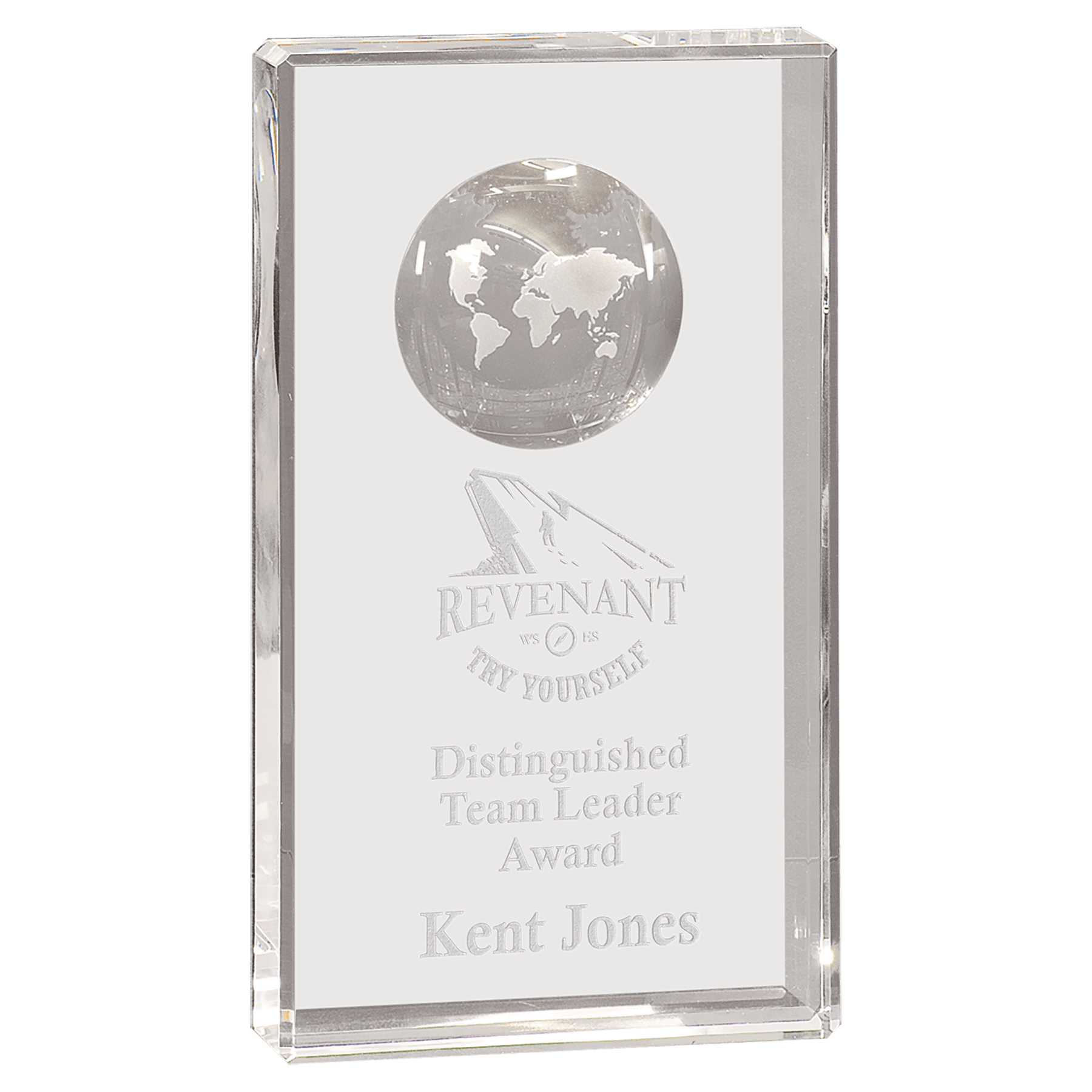 8" Clear Crystal Rectangle with Globe Etching crystal award laser engravable