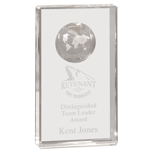 8" Clear Crystal Rectangle with Globe Etching crystal award laser engravable