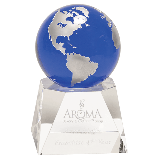 6 1/2" Blue Crystal Globe on Clear Crystal Base crystal award laser engravable