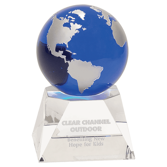 5" Blue Crystal Globe on Clear Crystal Base crystal award laser engravable