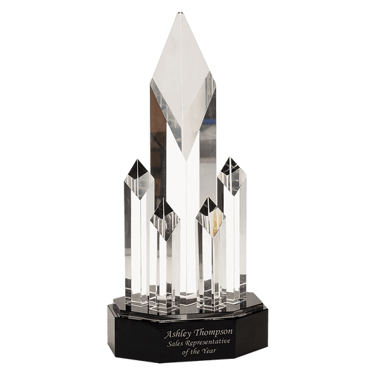 11" Clear Crystal 5 Rising Diamonds on Black Pedestal Base crystal award laser engravable