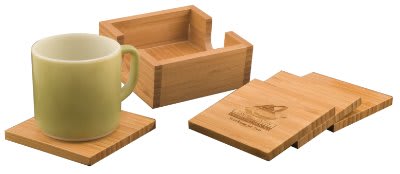 Personalized 4 inch square bamboo coaster set of 4 with bamboo holder and custom engraved name or design