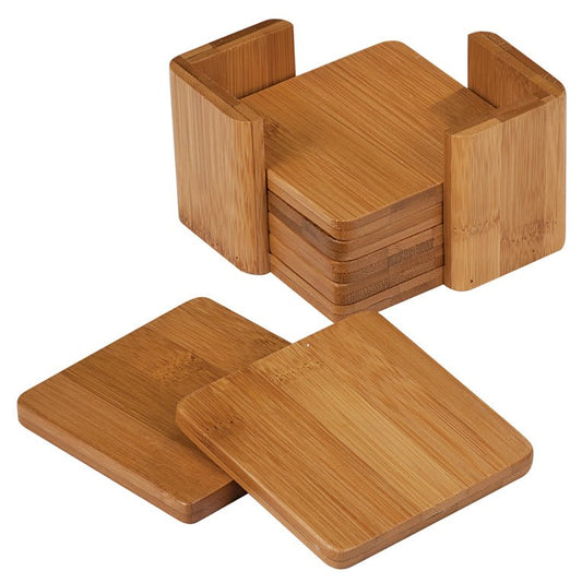 Personalized 3.75 inch square bamboo coaster set of 6 with bamboo holder and custom engraved design