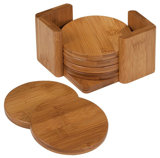 Personalized 3.75 inch round bamboo coaster set of 6 with bamboo holder and custom engraved design