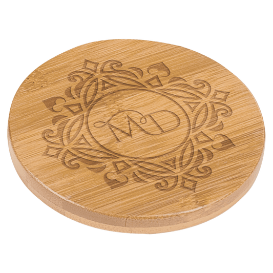 Personalized 3.5 inch round bamboo coaster with custom engraved name, monogram or design