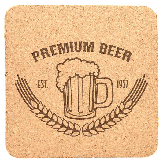 Personalized 4 inch square cork coaster with custom engraved name, monogram or logo