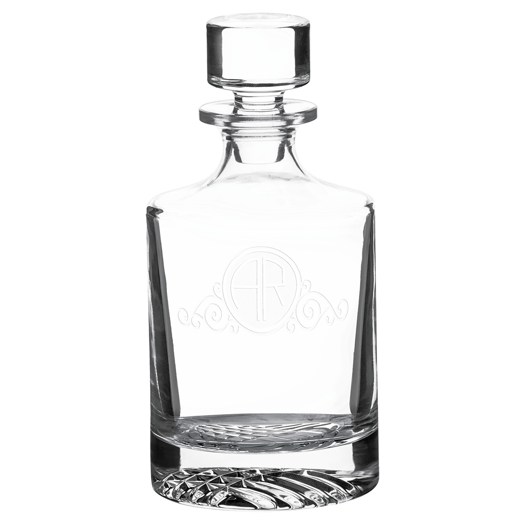 Personalized 850ml round glass whiskey decanter with custom engraved name or monogram in black gift box