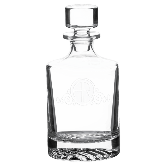 Personalized 850ml round glass whiskey decanter with custom engraved name or monogram in black gift box