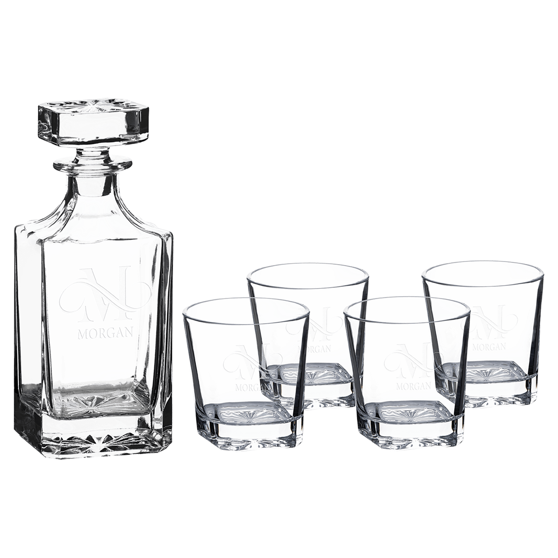 Glass 750ml Square Glass Decanter Set with Four DG301 11 oz. Glasses in a Printed Gift Box laser engravable