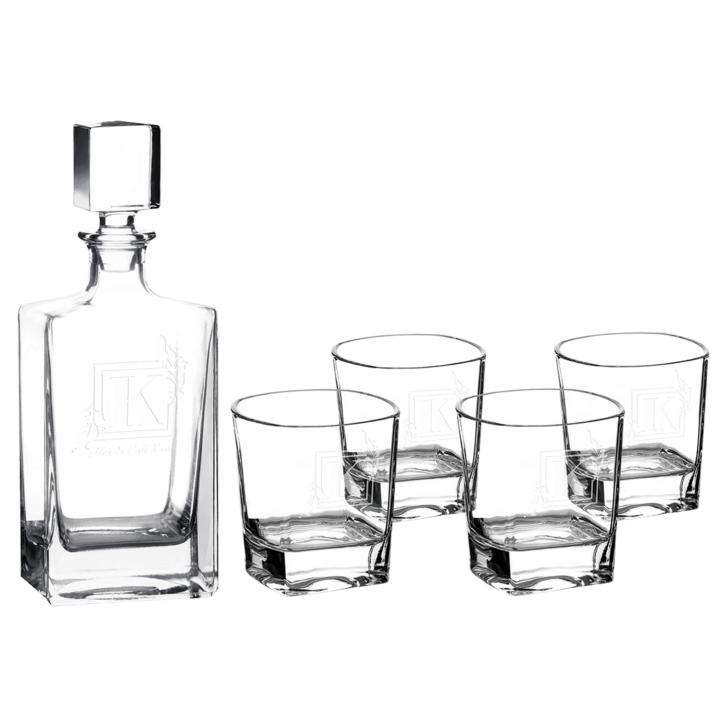 Glass 810ml Rectangle Glass Decanter Set with Four DG351 8 oz. Glasses and Printed Gift Box laser engravable