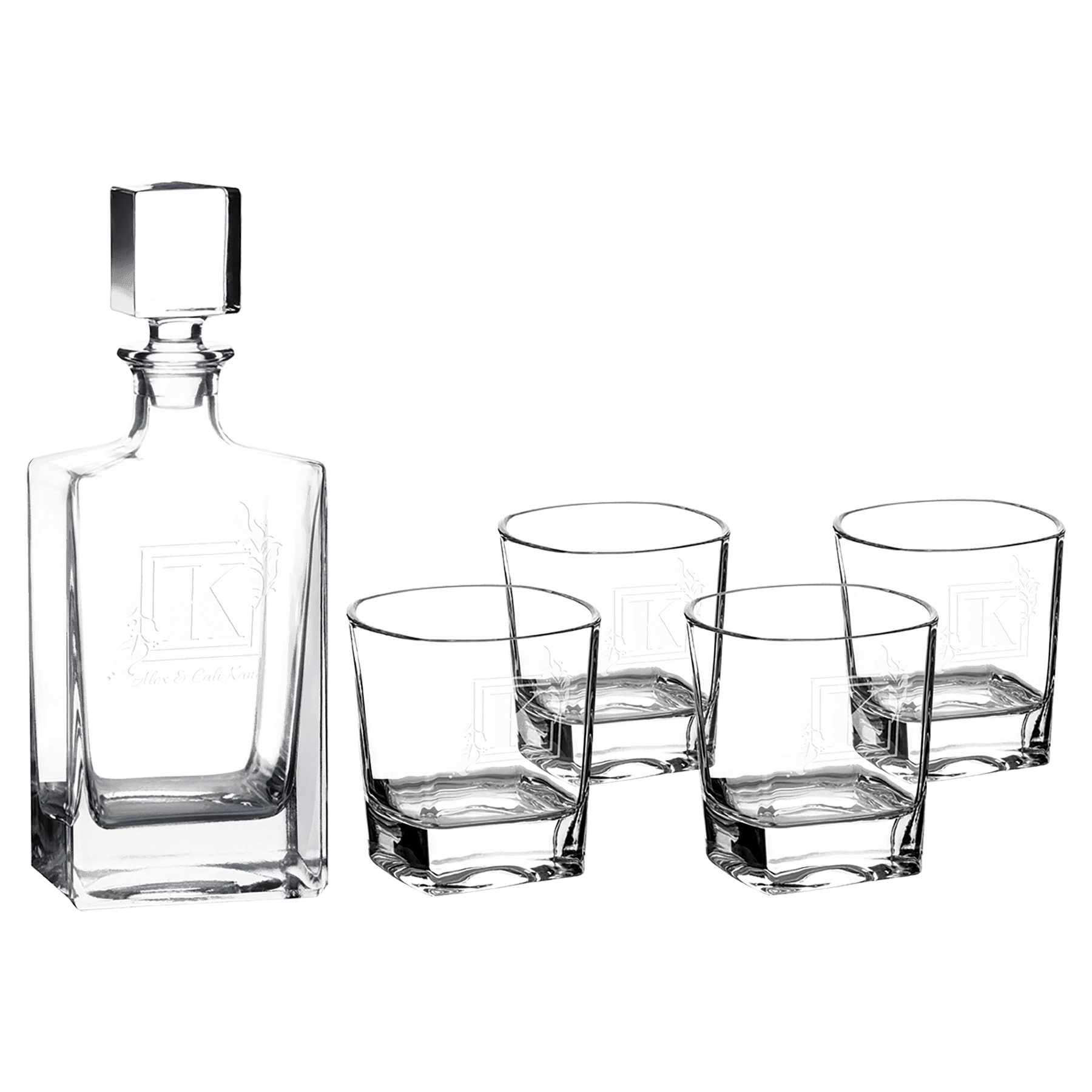 Glass 810ml Rectangle Glass Decanter Set with Four DG351 8 oz. Glasses and Printed Gift Box laser engravable