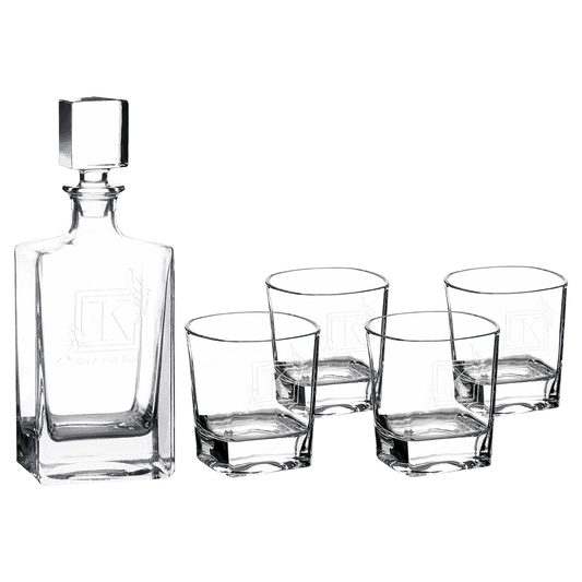 Glass 810ml Rectangle Glass Decanter Set with Four DG351 8 oz. Glasses and Printed Gift Box laser engravable