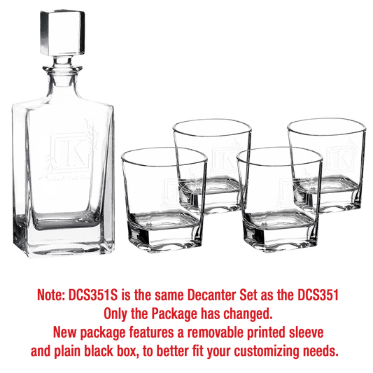 810ml Rectangle Glass Decanter Set with Four DG351S 8 oz. Glasses in a Black Gift Box with Printed Paper Sleeve (Same set as DCS351 with Printed Box)