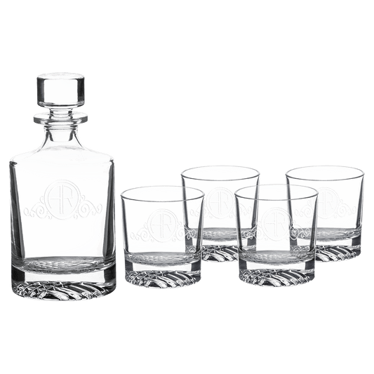 Glass 850ml Round Glass Decanter Set with Four DG401 9 oz. Glasses and Printed Gift Box laser engravable