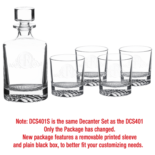850ml Round Glass Decanter Set with Four DG401S 9 oz. Glasses in a Black Gift Box with Printed Paper Sleeve (Same Set as DCS401 with Printed Box)