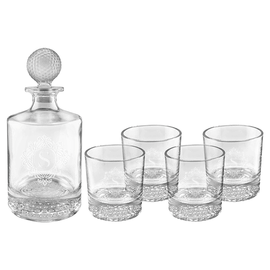 850ml Round Golf Glass Decanter Set with Four DG405S 9 oz. Golf Rocks Glasses in a Black Gift Box with a Printed Paper Sleeve