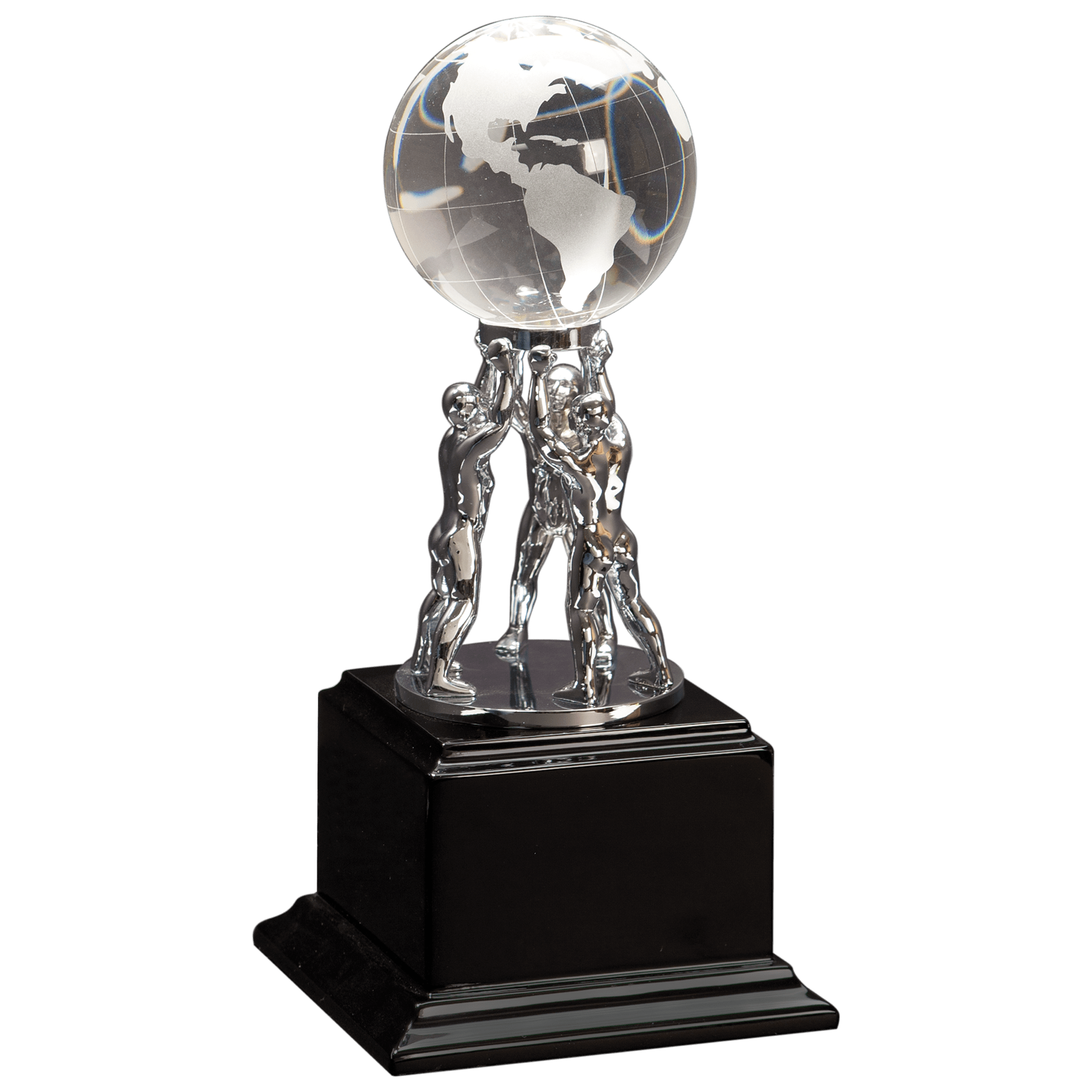 10" Clear Crystal Globe with Silver Men/Stand on Black Piano Finish Base crystal award laser engravable
