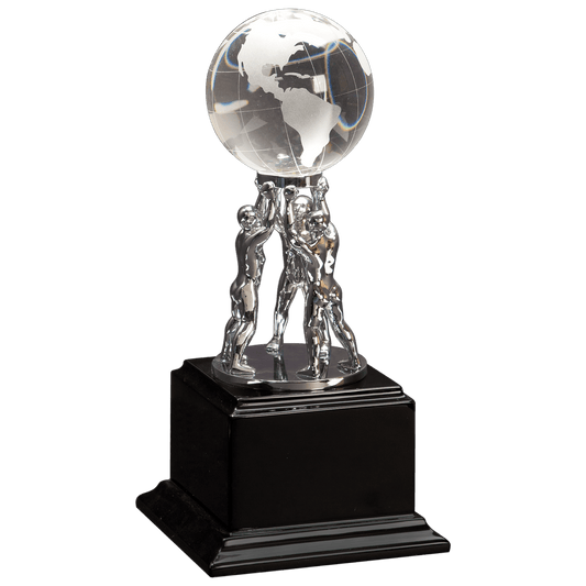 10" Clear Crystal Globe with Silver Men/Stand on Black Piano Finish Base crystal award laser engravable