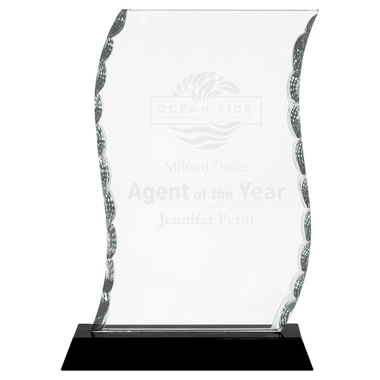 7 1/2" Scroll Facet Glass on Black Base crystal award laser engravable