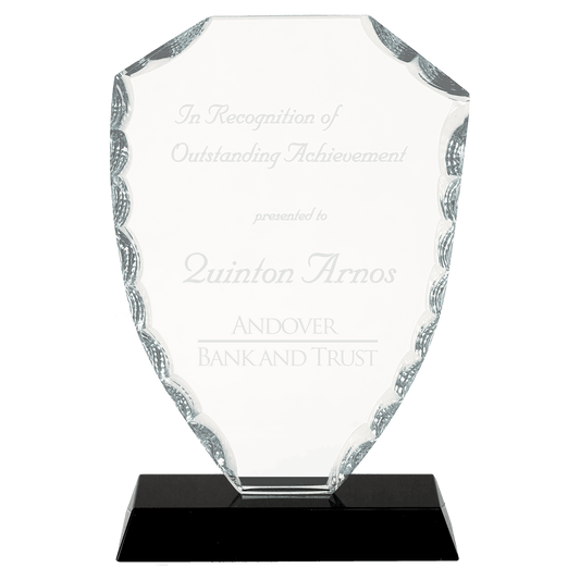 6 1/2" Shield Facet Glass on Black Base crystal award laser engravable