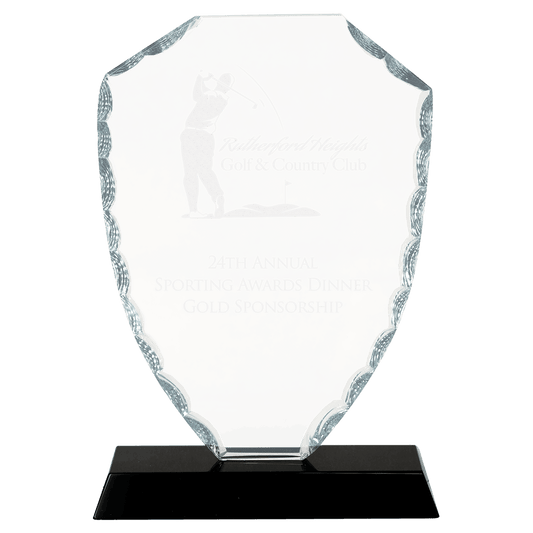 7 1/2" Shield Facet Glass on Black Base crystal award laser engravable