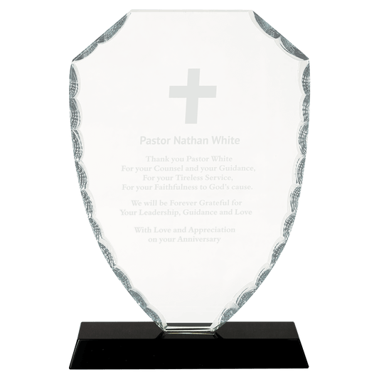 8 1/4" Shield Facet Glass on Black Base crystal award laser engravable