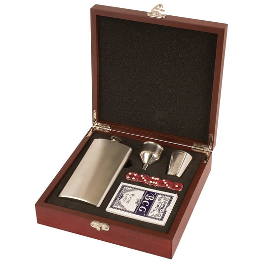 Personalized rosewood flask gift set with shot glass, funnel, cards and dice in presentation box