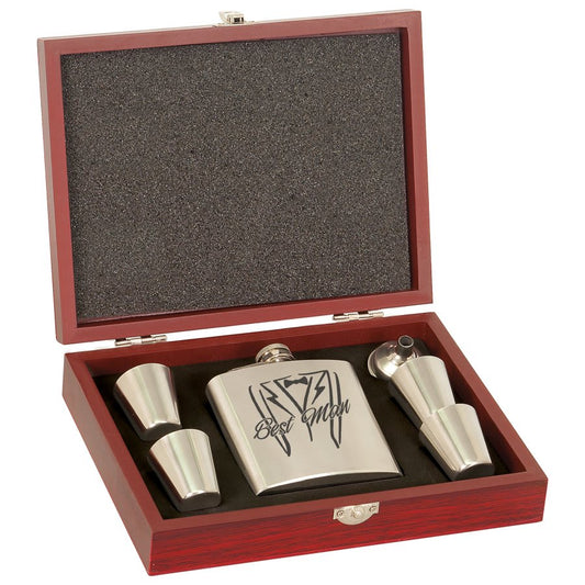 Personalized 6 oz. stainless steel flask gift set with 4 shot glasses and funnel in wood box
