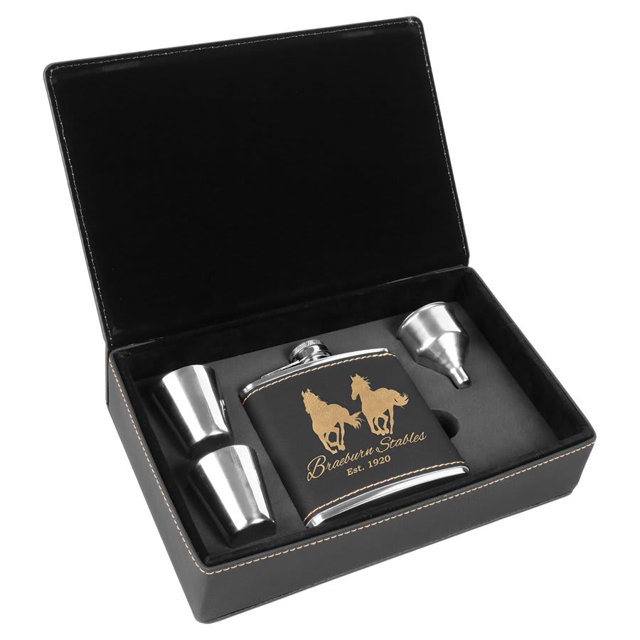 Black/Gold 6 oz laser engravable leatherette flask personalized gift