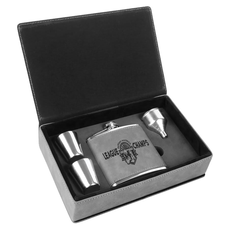 Gray 6 oz laser engravable leatherette flask personalized gift