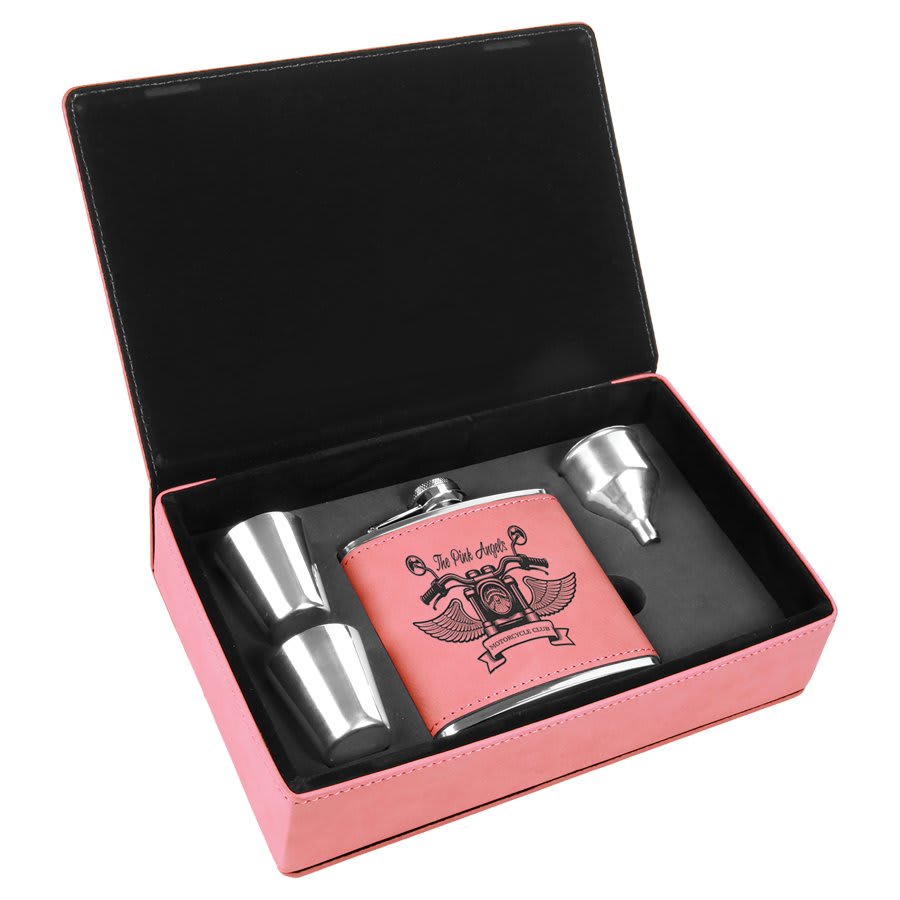 Pink 6 oz laser engravable leatherette flask personalized gift