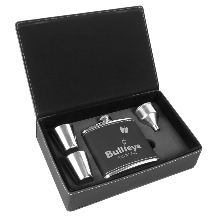 Black/Silver 6 oz laser engravable leatherette flask personalized gift