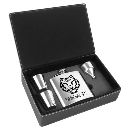 Personalized 6 oz. flask gift set in leatherette box with custom engraved name or monogram